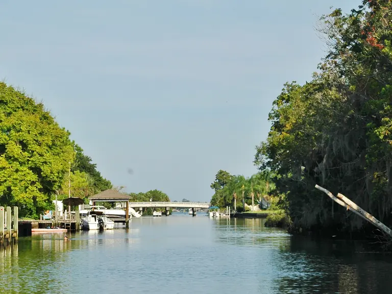 Calm canal lined with oaks and palms leading out toward Kings Bay in Crystal River, Florida, with docks along the shore