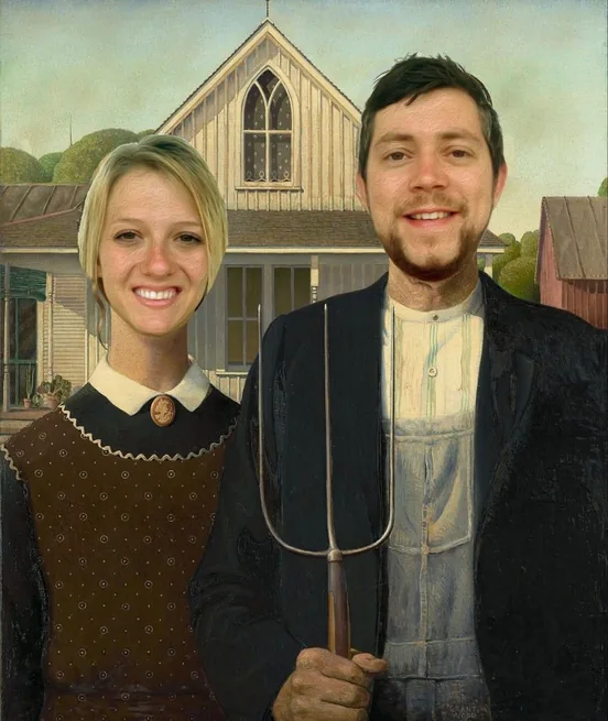 Laura and Steve posed as the couple in the painting American Gothic, Steve holding a pitchfork in front of a white farmhouse